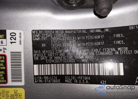 2015 Toyota Sienna Xle 8 Passenger z USA, uszkodzony, nr VIN 5TDYK3DC7FS533603